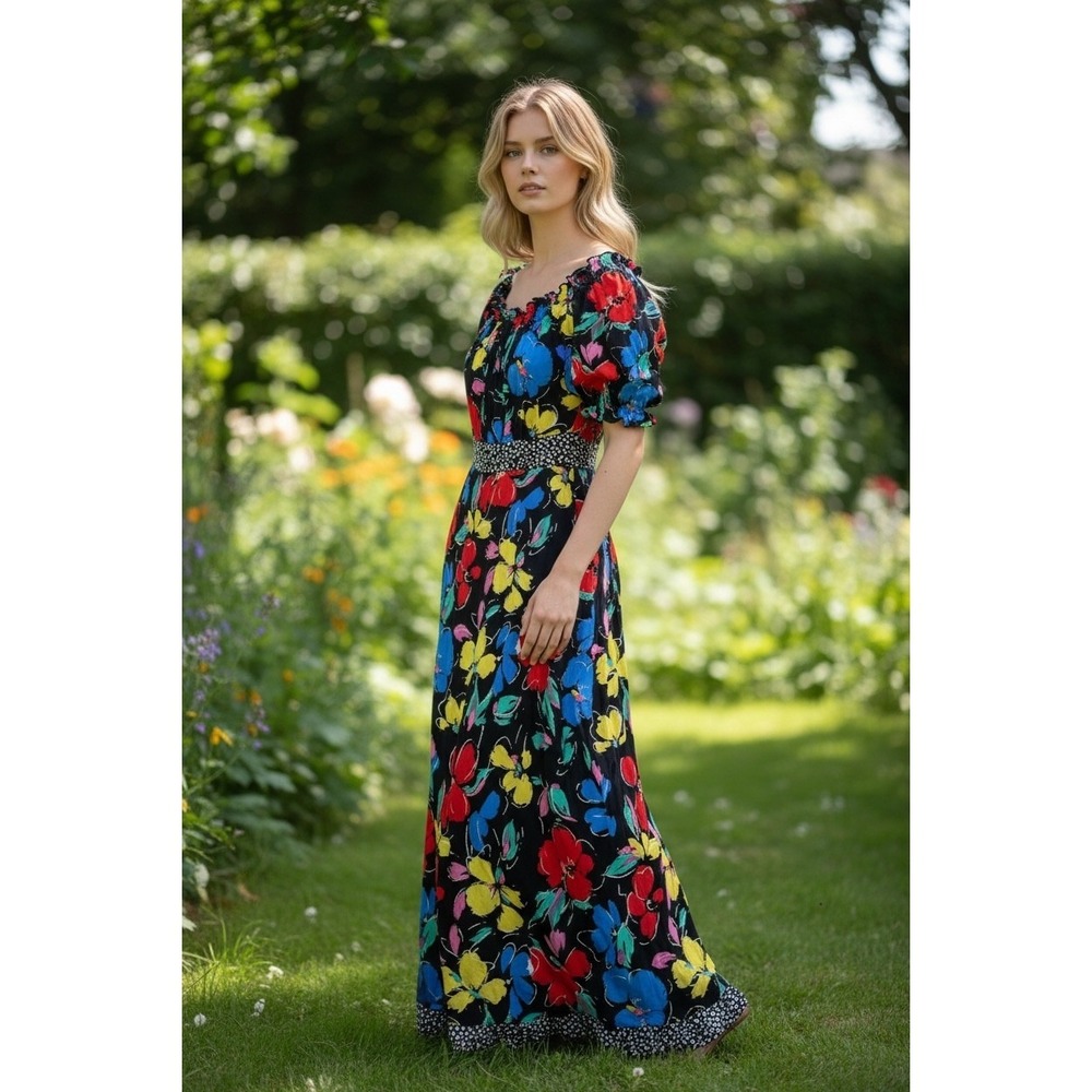 RIXO Floral‎ Maxi Dress Puff Sleeve Polka Dot Trim Multi Color Womens Size 6